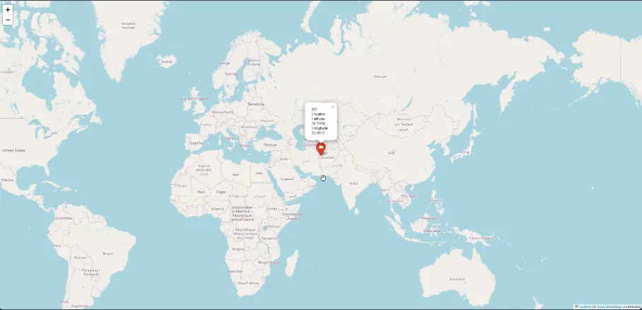 Screenshot of ISS Real-Time Tracker project: This script fetches the current position of the ISS from an API and updates an interactive map every 10 seconds. The map is displayed in your browser, showing the ISS's latest location.