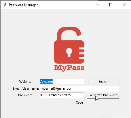 Screenshot of Password Manager project: A password manager built with Python and Tkinter that allows you to generate and store secure passwords efficiently.